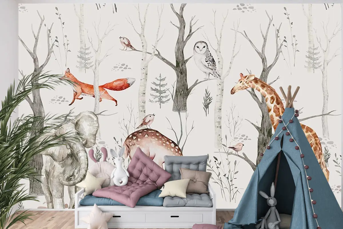 Çocuk Odası Duvar Kağıdı Ormanda Fil Zürafa