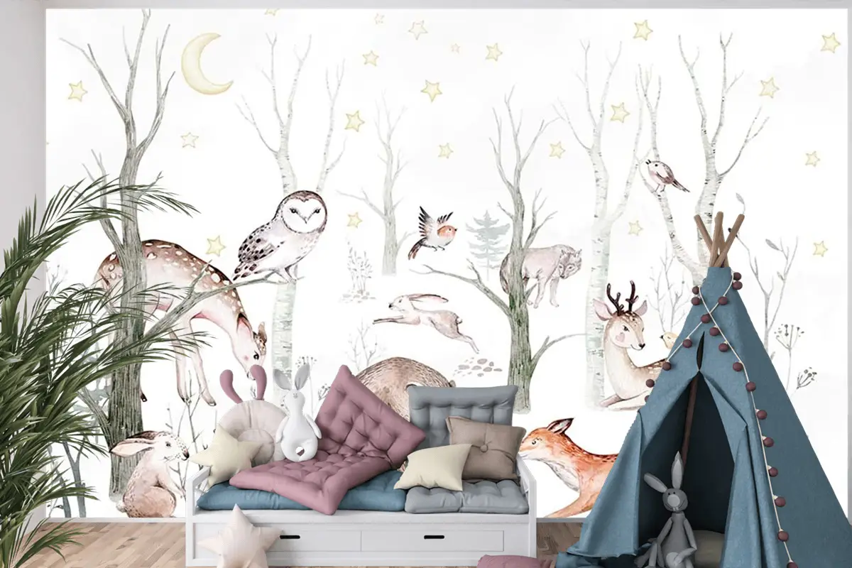 Çocuk Odası Duvar Kağıdı Ormandaki Sevimli Hayvanlar