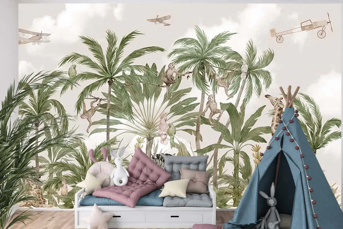 Çocuk Odası Duvar Kağıdı Safari Hayvanları Ve Tropikal Ağaçlar