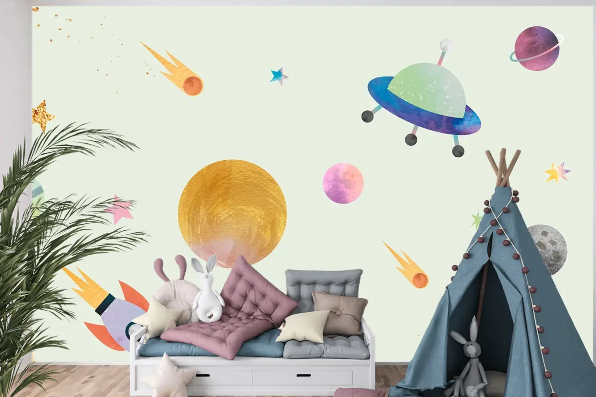 Sevimli Suluboya Tarzında Renkli Galaksi Desenli Arka Plan Çocuk Odası Duvar Kağıdı