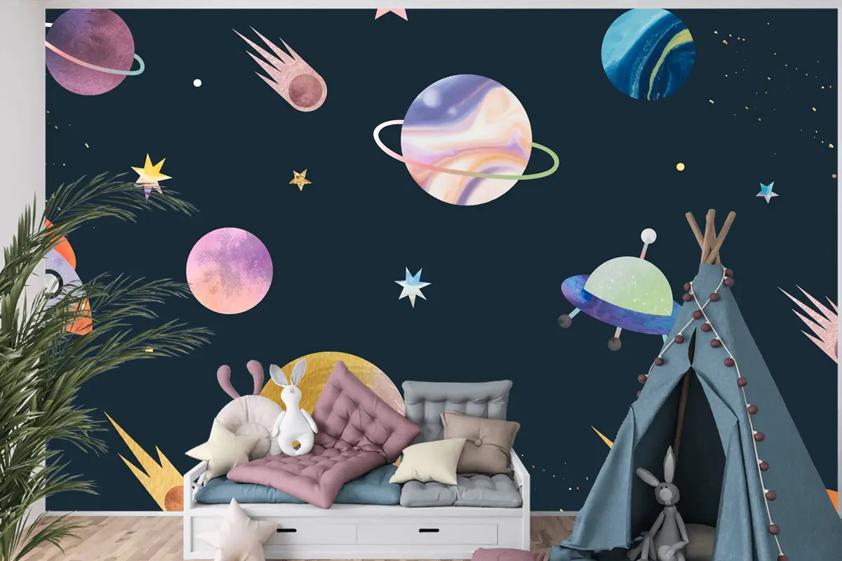 Siyah Çocuk Odası Duvar Kağıdı Duvar Üzerine Renkli Galaksi Suluboya Doodle