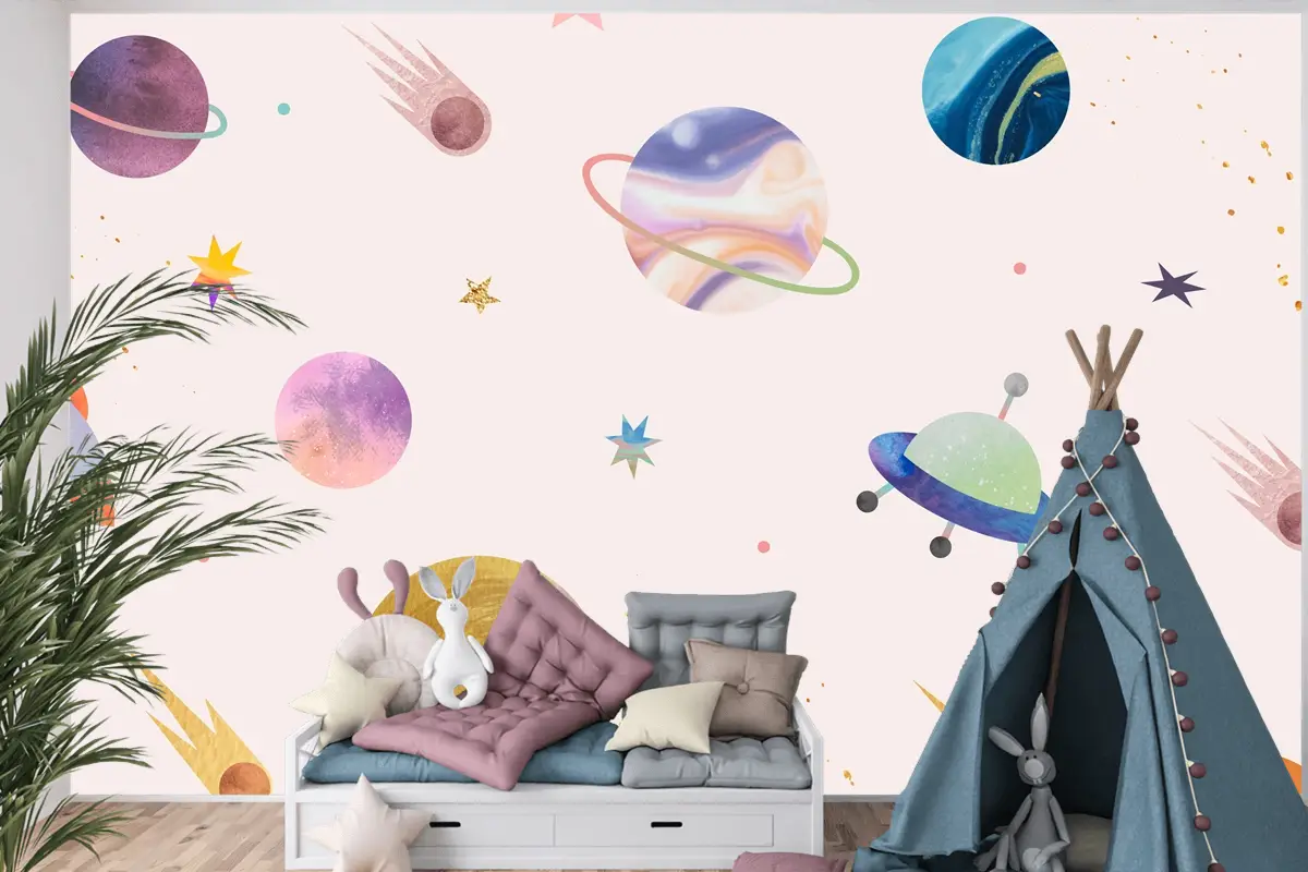 Pastel Arkaplanda Renkli Galaksi Suluboya Doodle Çocuk Odası Duvar Kağıdı