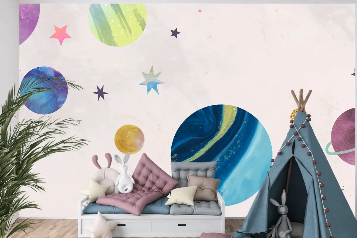 Pastel Çocuk Odası Duvar Kağıdı Duvar Üzerine Renkli Galaksi Suluboya Doodle