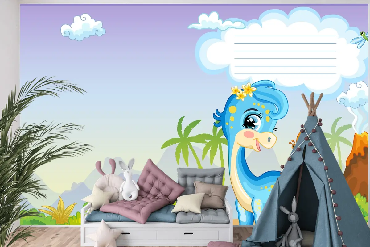 Sevimli Dinozor Mavi Diplodocus Çocuk Odası Duvar Kağıdı Ile Defter Kapağı