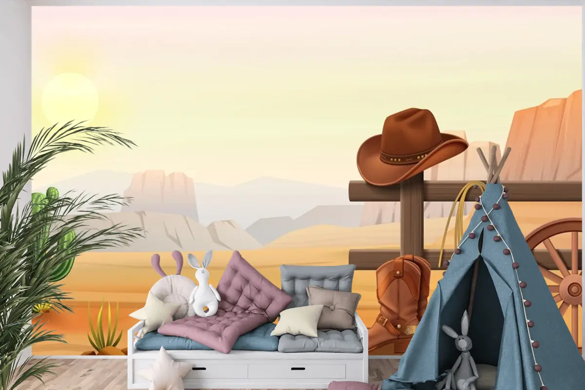 Çitin Üzerinde Kovboy Çizmeleri Ve Şapka Çocuk Odası Duvar Kağıdı