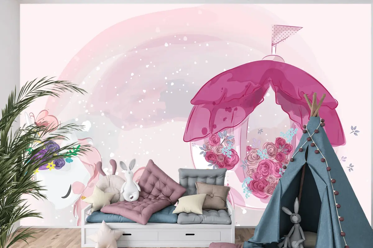 Tatlı Suluboya Tarzında Elle Çizilmiş Sevimli Bebek Tek Boynuzlu Çocuk Odası Duvar Kağıdı