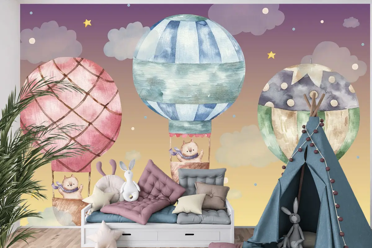 Renkli Balonların Üzerinde Uçan Sevimli Kahverengi Kedi Çocuk Odası Duvar Kağıdı