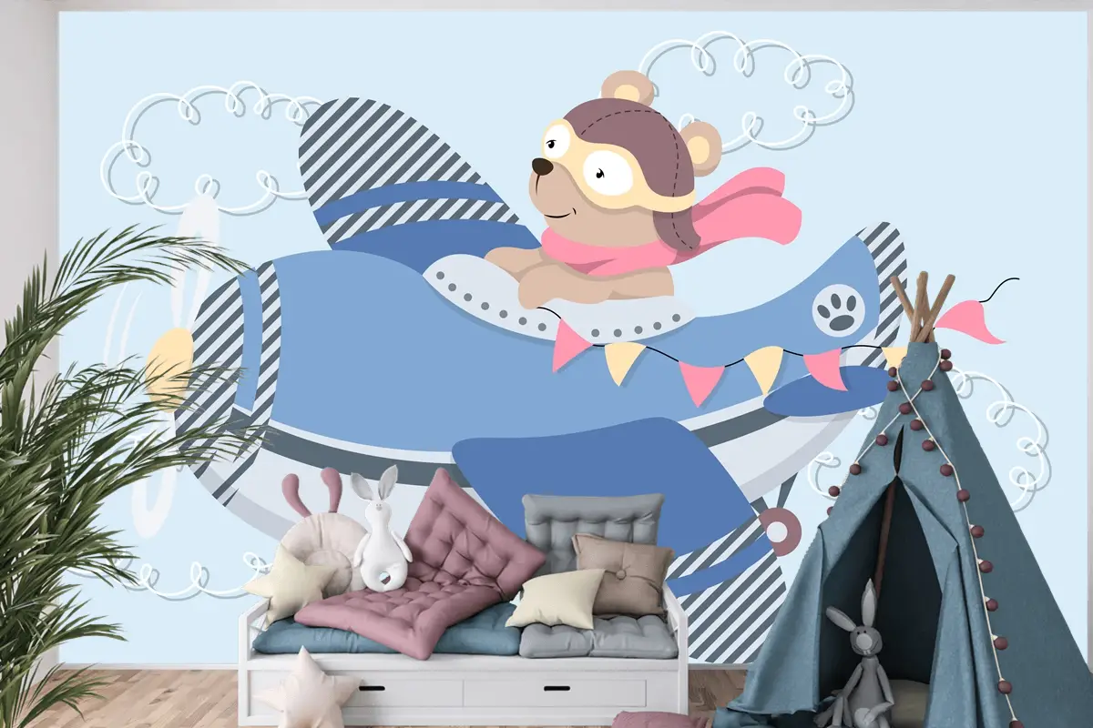 Aviator Gözlüklü Sevimli Karikatür Ayıcık Vintage Uçakta Uçan Deri Kask Ve Eşarp Çocuk Odası Duvar Kağıdı