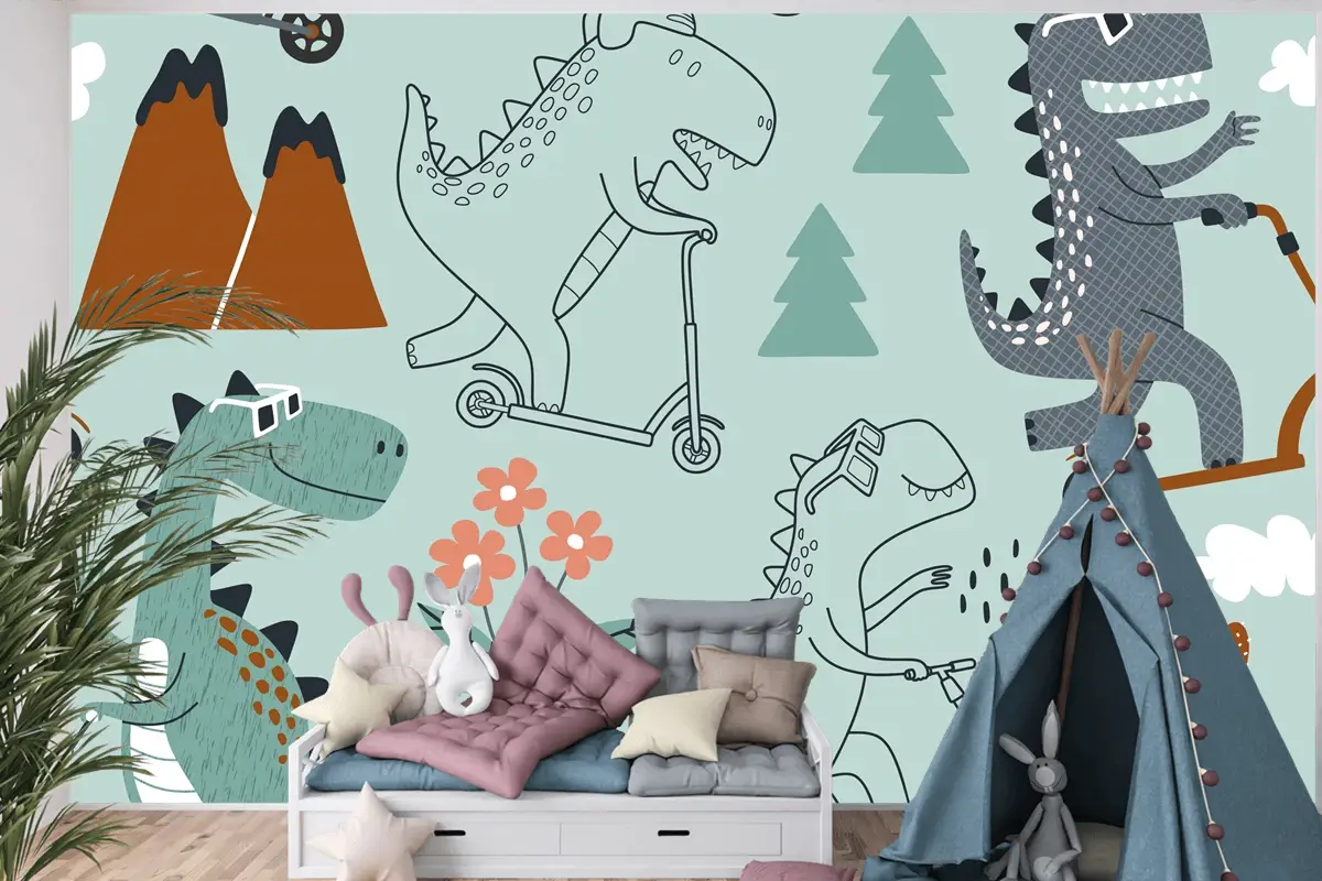 Sevimli Dinozor Scootera Biniyor Çocuk Odası Duvar Kağıdı