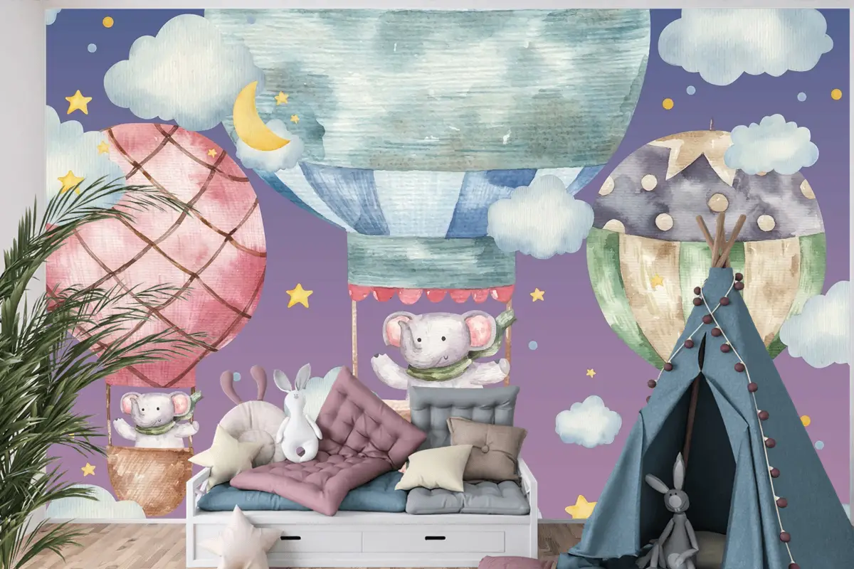 Sevimli Fil Renkli Balonların Üzerinde Uçar Çocuk Odası Duvar Kağıdı