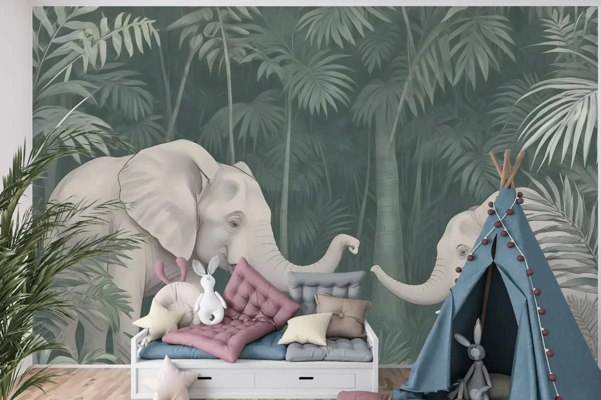 Tropikal Ormandaki Sevimli Filler Çocuk Odası Duvar Kağıdı