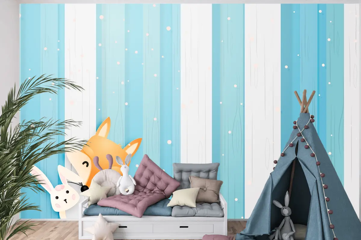 Kağıt Sanat Tarzı Pastel Düzeni Çocuk Odası Duvar Kağıdı Ile Ahşapta Sevimli Tilki Ve Tavşan