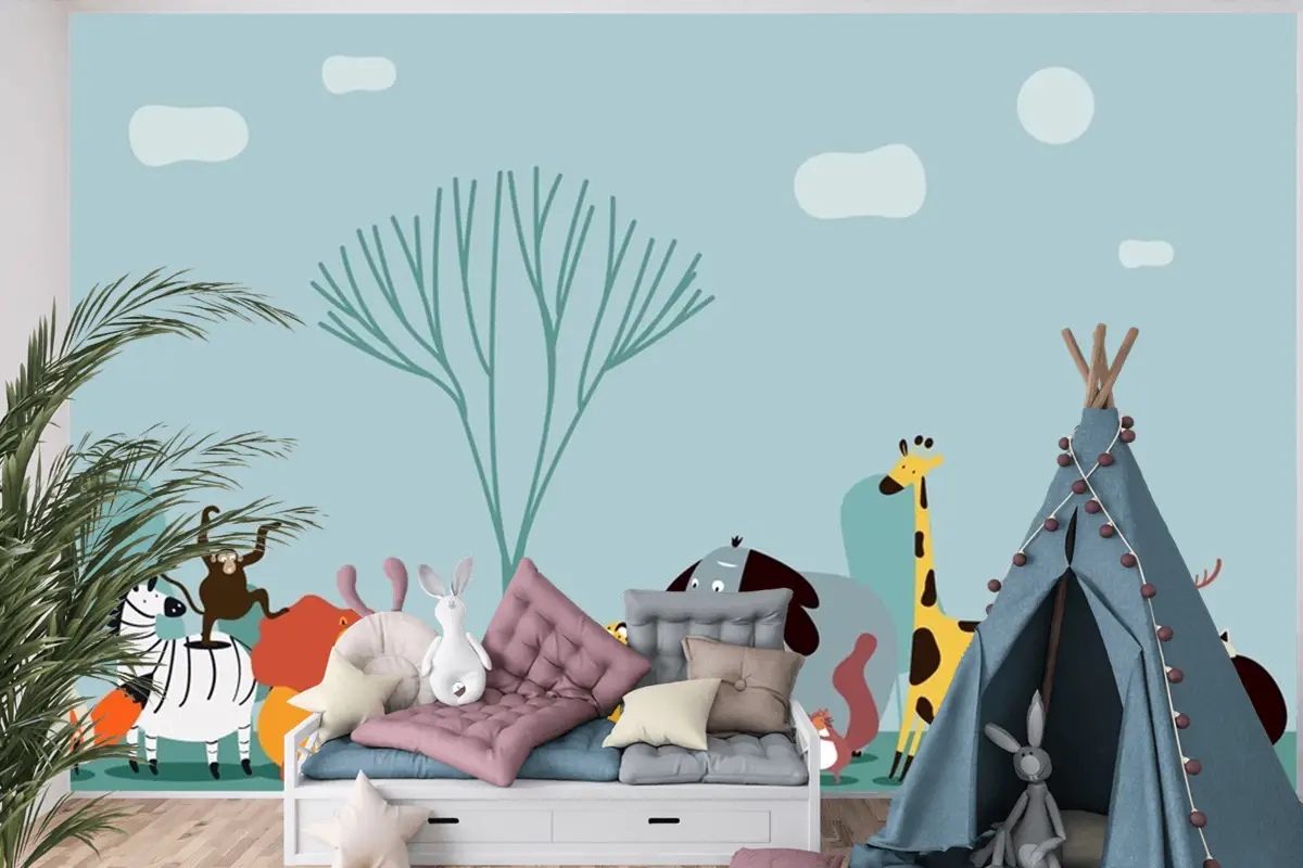 Vahşi Hayvanların Sevimli Grubu Çocuk Odası Duvar Kağıdı