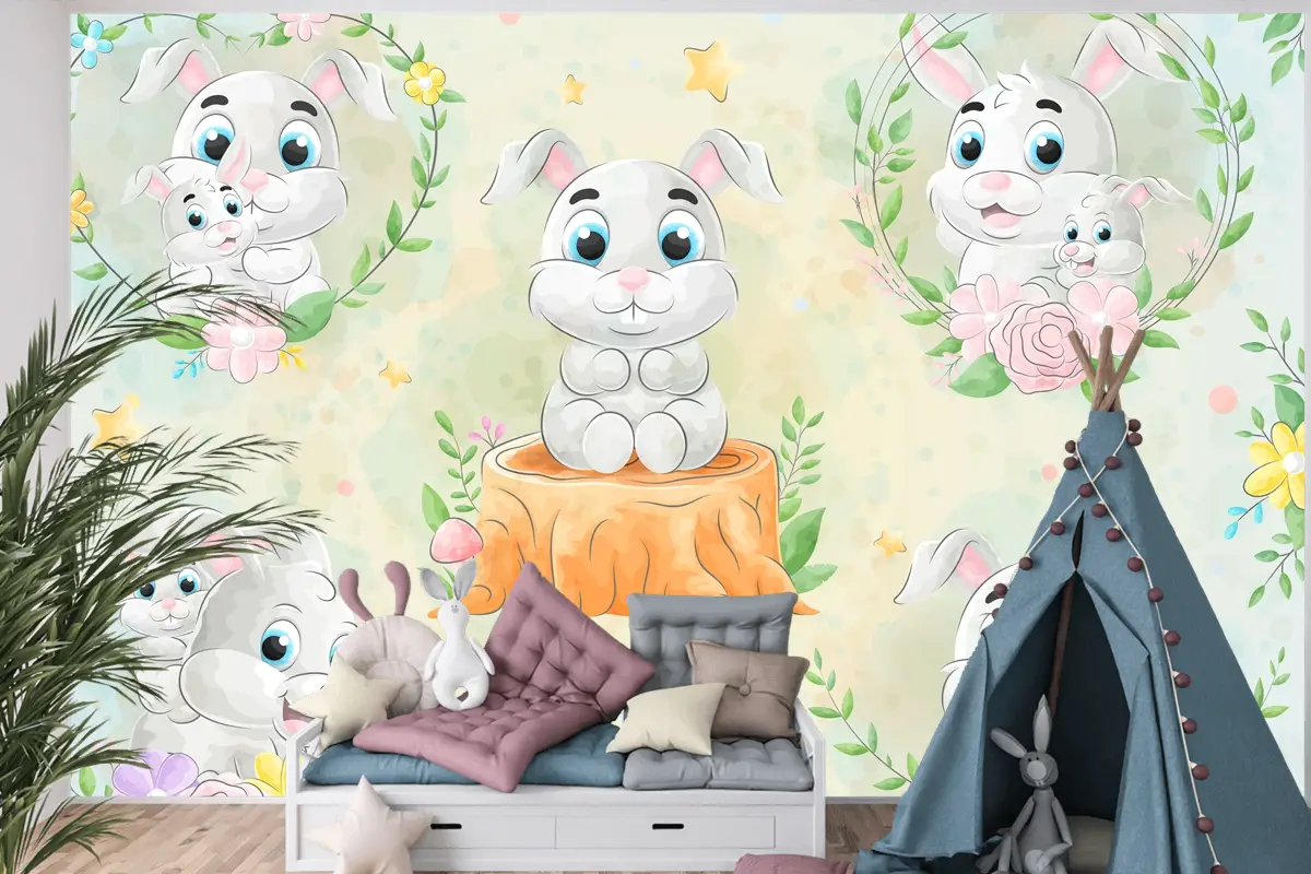Suluboya Çocuk Odası Duvar Kağıdı  Ile Sevimli Küçük Tavşan