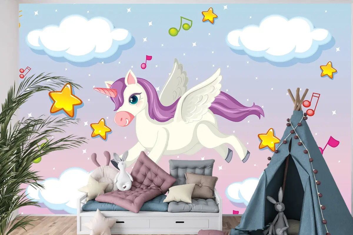Pastel Gökyüzünde Uçan Mor Yeleli Sevimli Pegasus Çocuk Odası Duvar Kağıdı