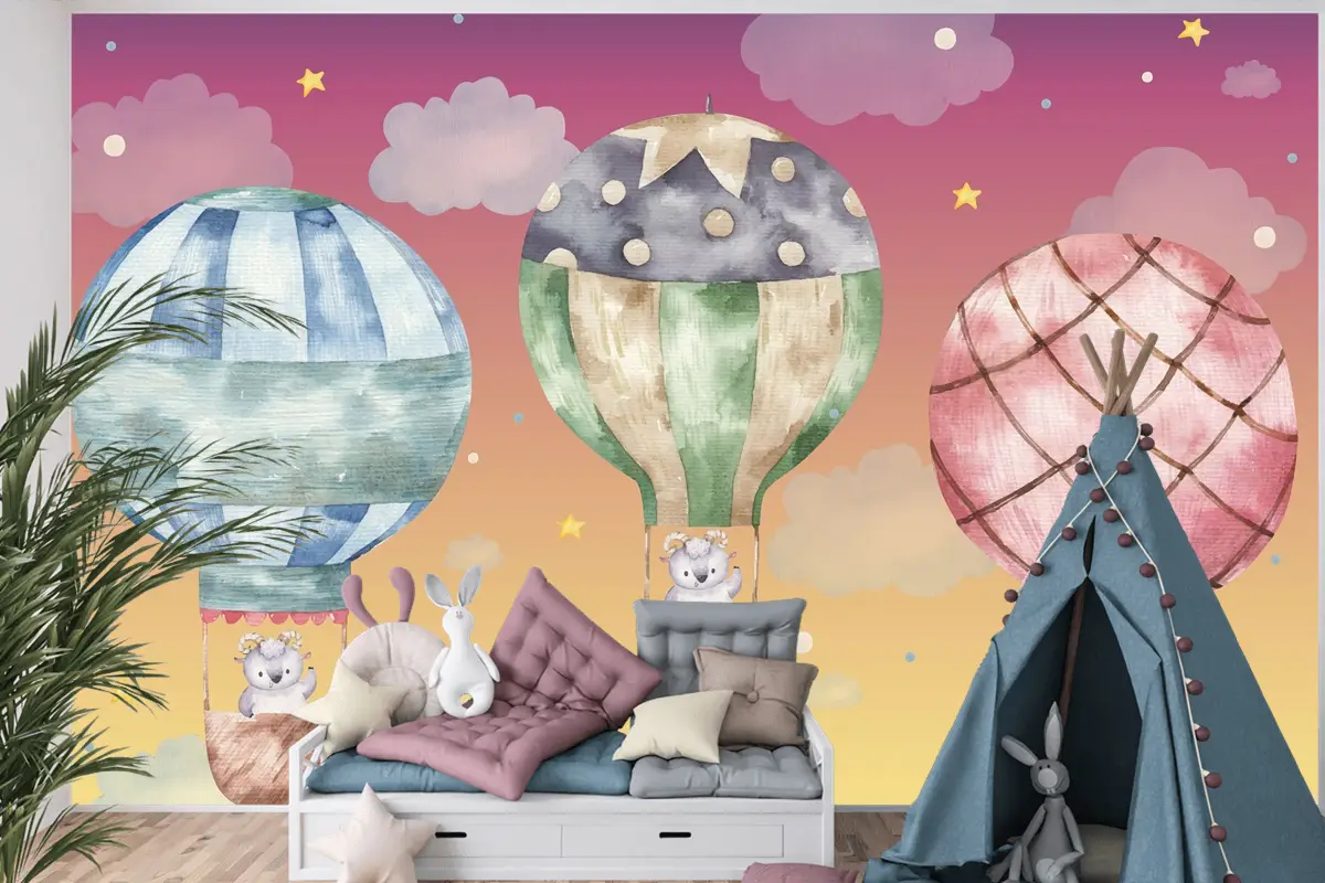 Renkli Balonlar Üzerinde Uçan Sevimli Koç Çocuk Odası Duvar Kağıdı