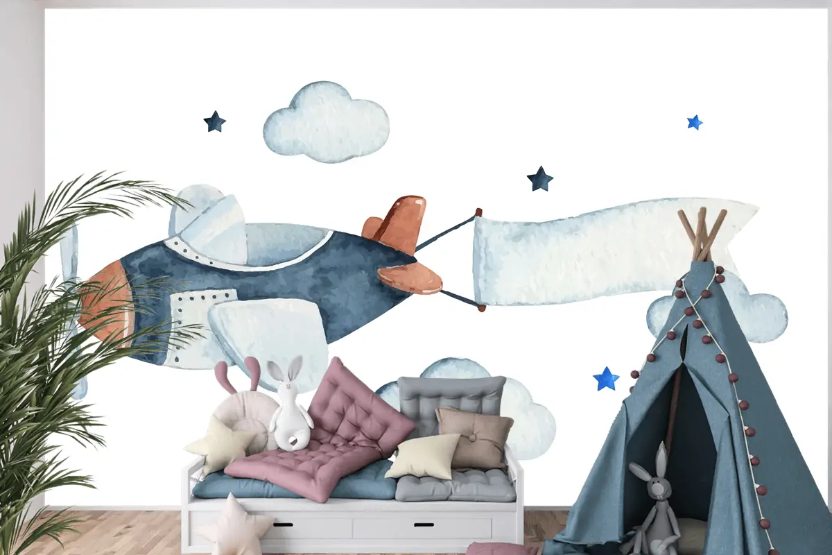 Hava Uçağı Bulutları Ve Yıldızlarla Sevimli Suluboya Gökyüzü Sahnesi Çocuk Odası Duvar Kağıdı