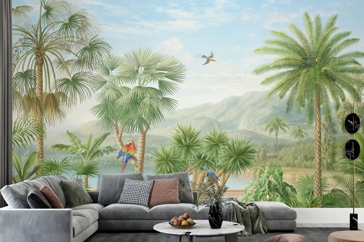 Dağlar Papağanlar Tropik Manzara Duvar Kağıdı