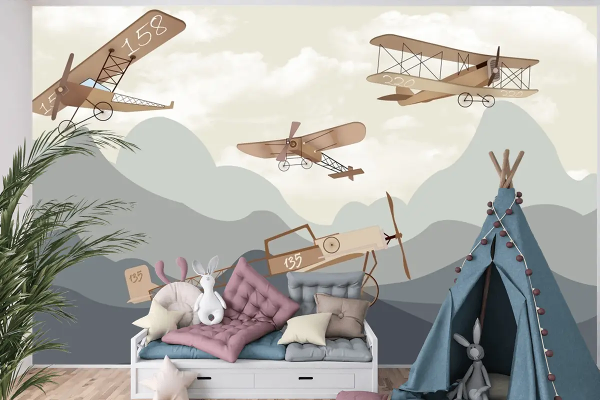 Dağlar Uçaklar Manzara Çocuk Odası Duvar Kağıdı