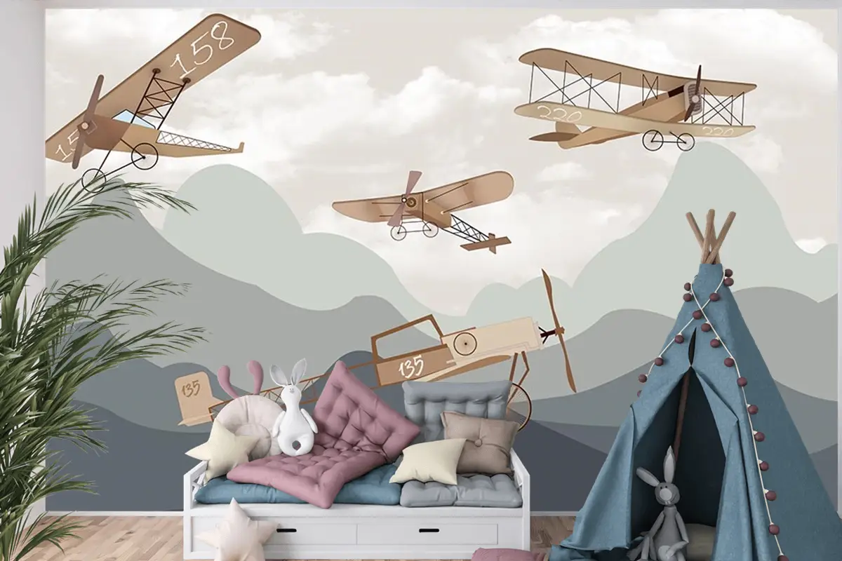 Dağlar Ve Kanatlı Uçaklar Çocuk Odası Duvar Kağıdı