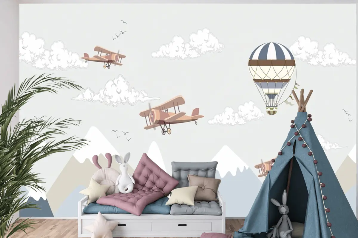 Dağlar Ve Sıcak Hava Balonları Çocuk Bebek Odası Duvar Kağıdı
