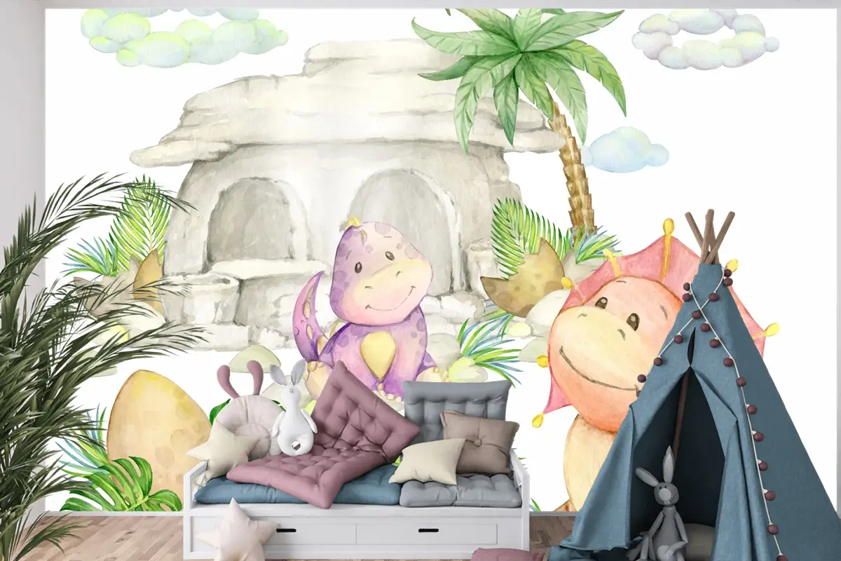 Dinozorlar Bir Taş Ev Bir Palmiye Ağacı Çocuk Odası Duvar Kağıdı