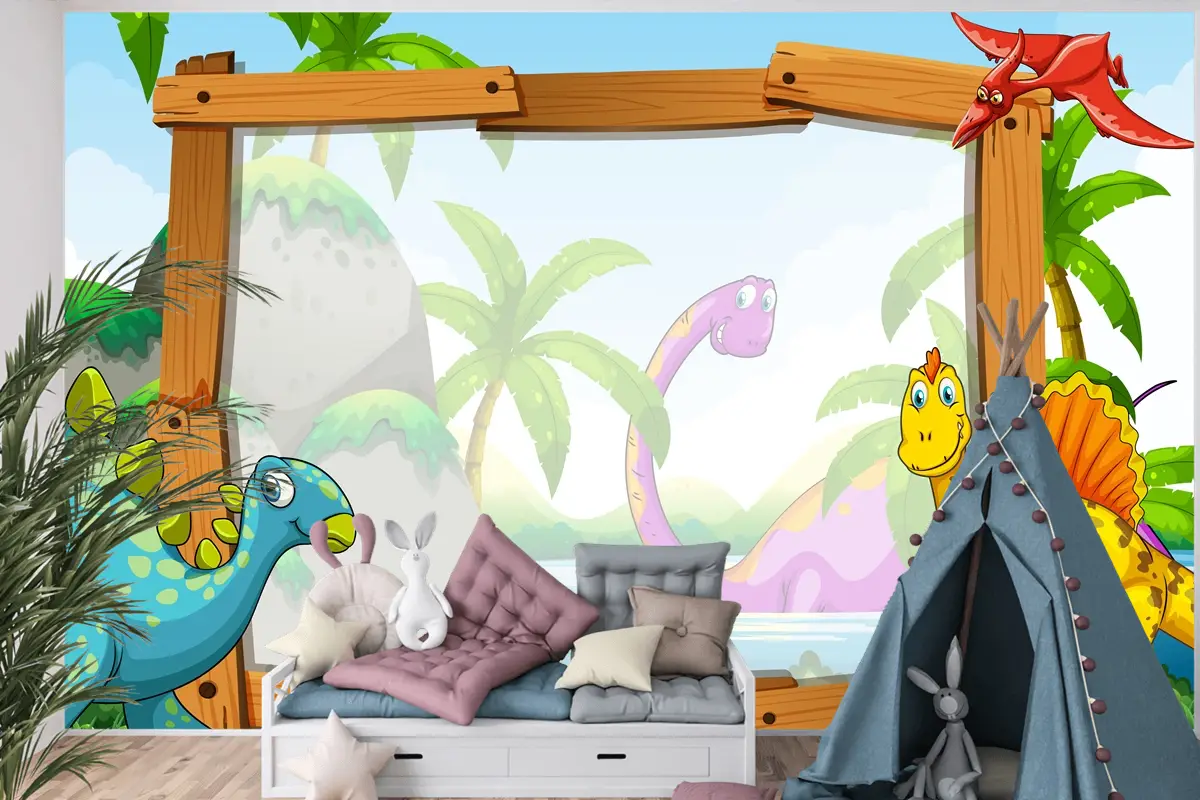 Ahşap Çerçeveli Dinozorlar Çocuk Odası Duvar Kağıdı 