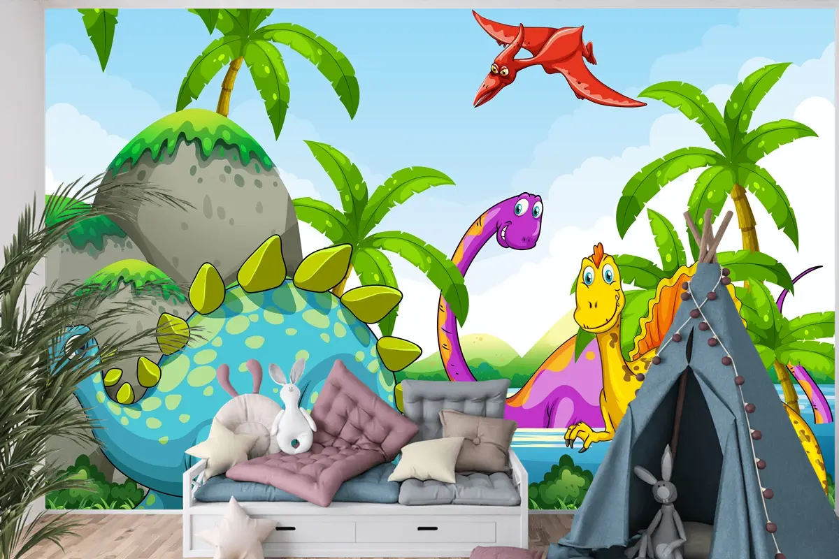 Ormanda Yaşayan Dinozorlar Çocuk Odası Duvar Kağıdı 