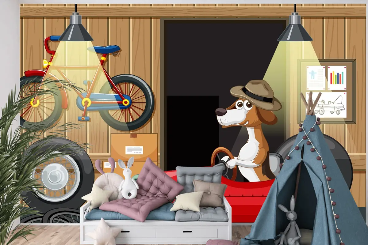 Garajda Arabayı Süren Köpek Çocuk Odası Duvar Kağıdı