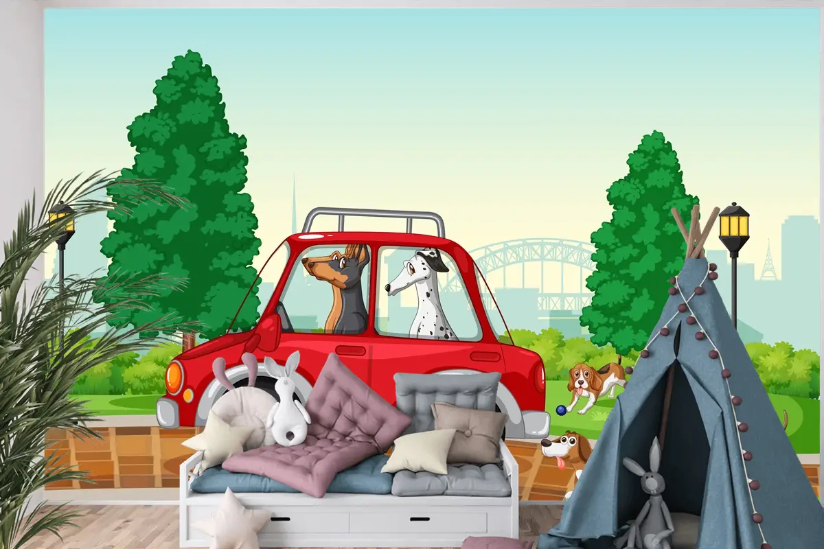 Parkta Araba Süren Ve Koşan Köpekler Çocuk Odası Duvar Kağıdı