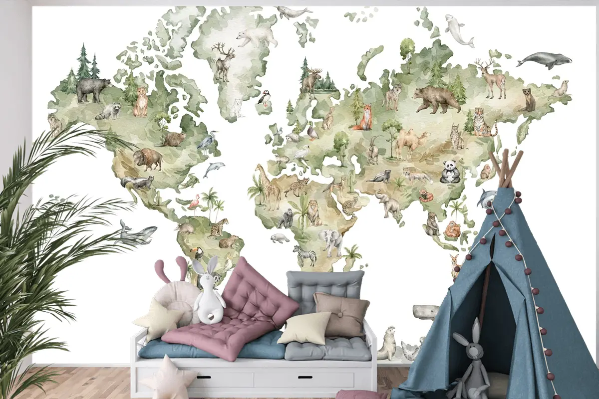 Dünya Haritası ve Dünya Hayvanları Temalı Çocuk Odası Duvar Kağıdı