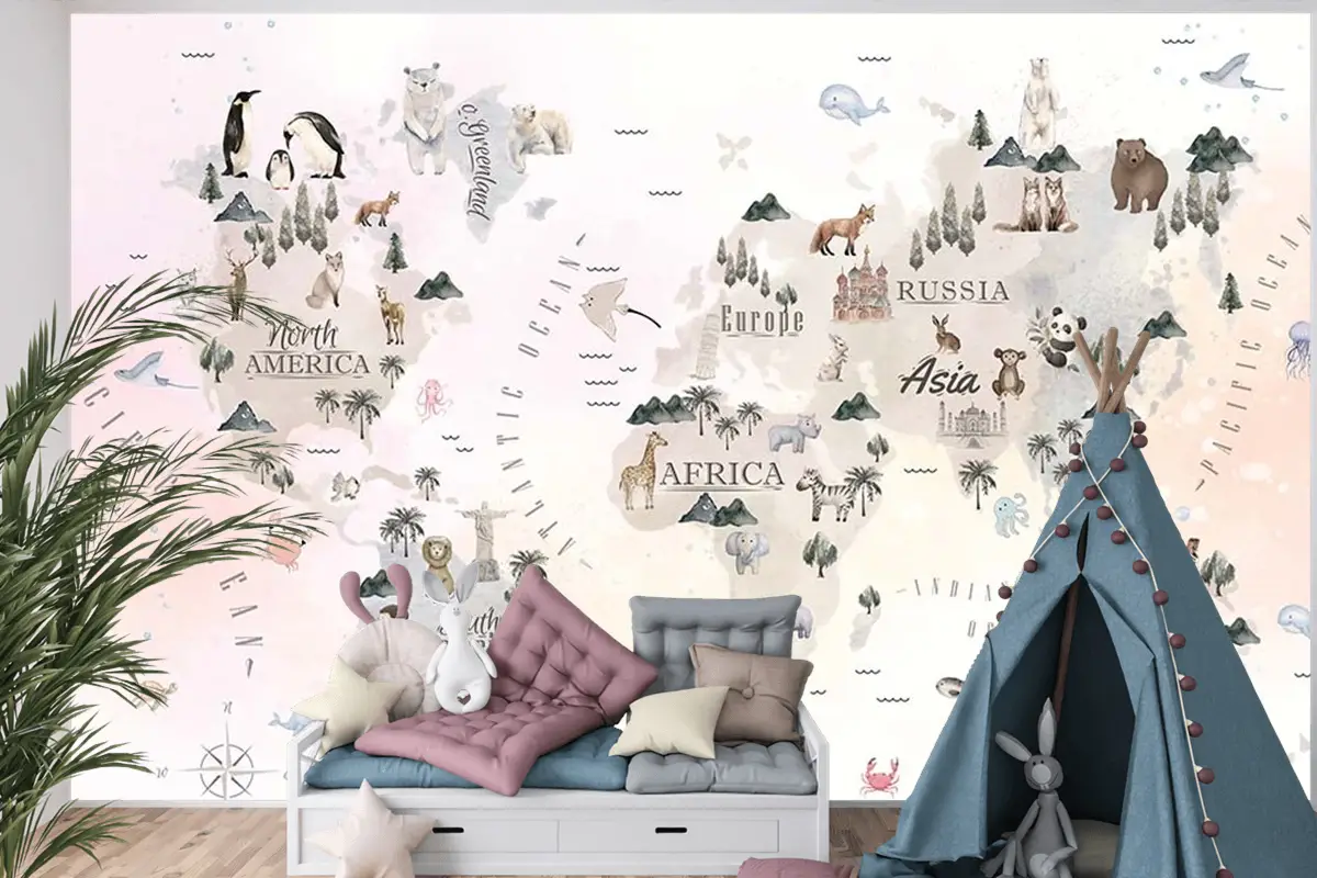 Dünya Üzerinde Sevimli Hayvanlar Çocuk Odası Duvar Kağıdı