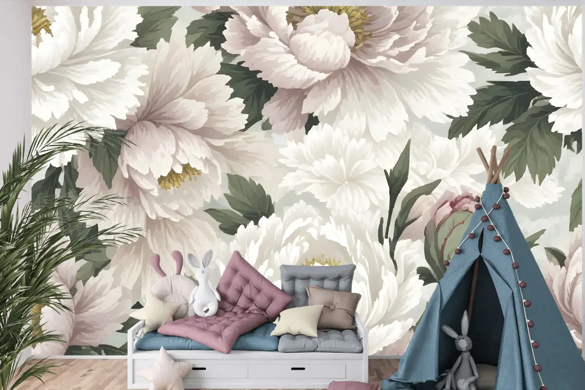 Hollandalı Pembe Şakayık Çiçek Çocuk Odası Duvar Kağıdı