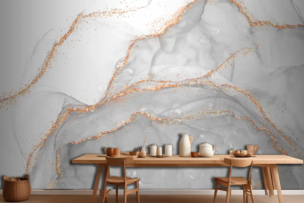 Altın Parıltılı Elementlerle Zarif Alkol Mürekkep Tasarımı Mutfak Duvar Kağıdı