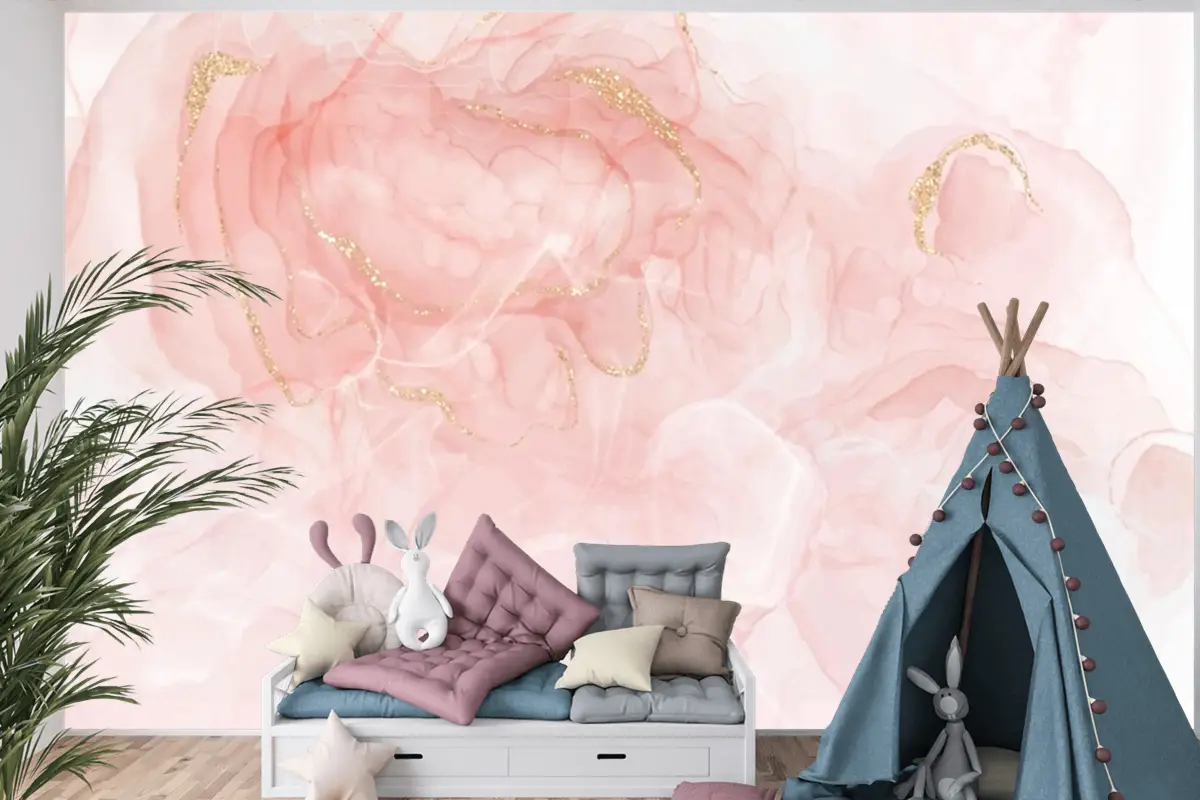 Altın Parıltılı Çocuk Odası Duvar Kağıdı  Ile Zarif El Boyalı Alkol Mürekkep Arka Planı