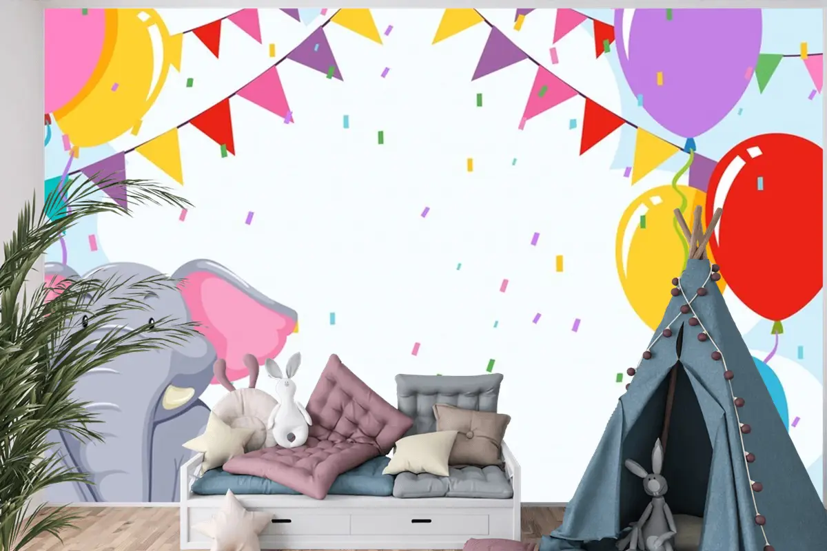 Doğum Günü Şablonunda Fil Çocuk Odası Duvar Kağıdı 