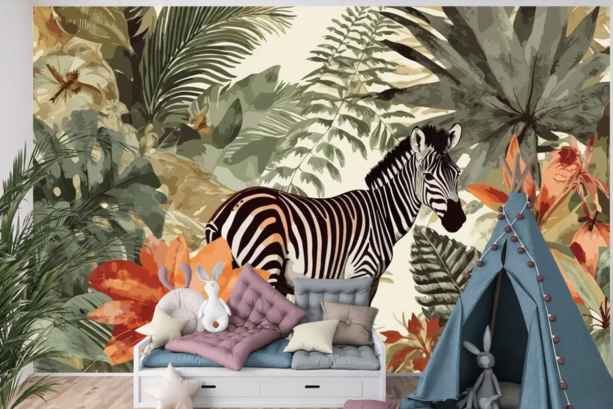 Egzotik Zebra Masalları Sanatsal Vintage Orman Kolaj Desen Sorunsuz Çocuk Odası Duvar Kağıdı