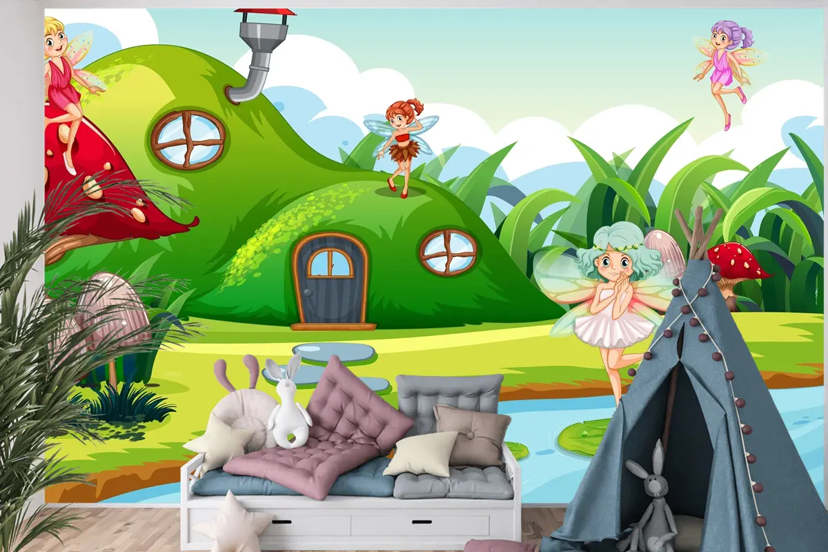 Yeşil Sahnede Fantezi Periler Çocuk Odası Duvar Kağıdı
