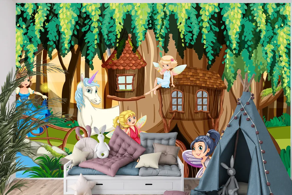 Periler Ve Tek Boynuzlu Fantezi Orman Çocuk Odası Duvar Kağıdı