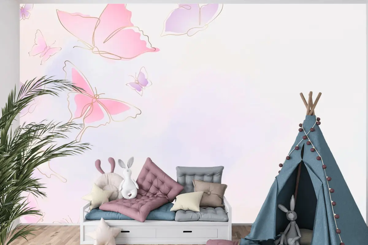 Kadınsı Kelebek Arka Plan Pembe Sınır Çocuk Odası Duvar Kağıdı