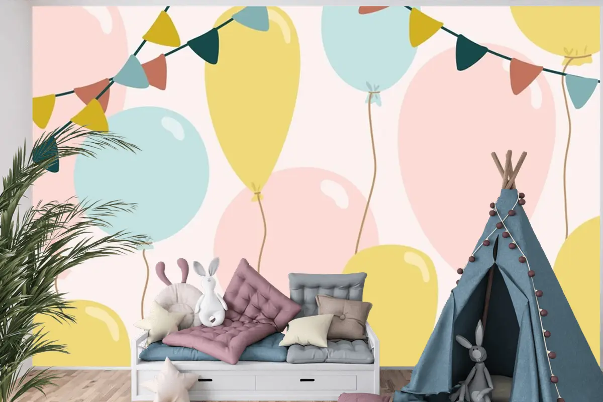 Mavi Pembe Ve Sarı Balonlu Şenlikli Arka Plan Çocuk Odası Duvar Kağıdı