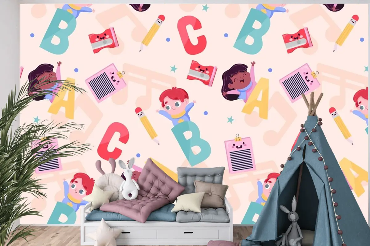 Düz Okula Dönüş Desen Tasarımı Çocuk Odası Duvar Kağıdı