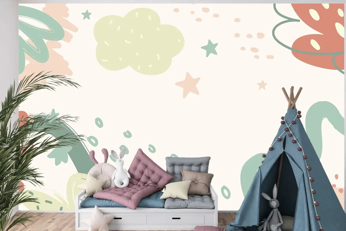 Düz Tasarım Bebek Duş Şablonu Çocuk Odası Duvar Kağıdı 