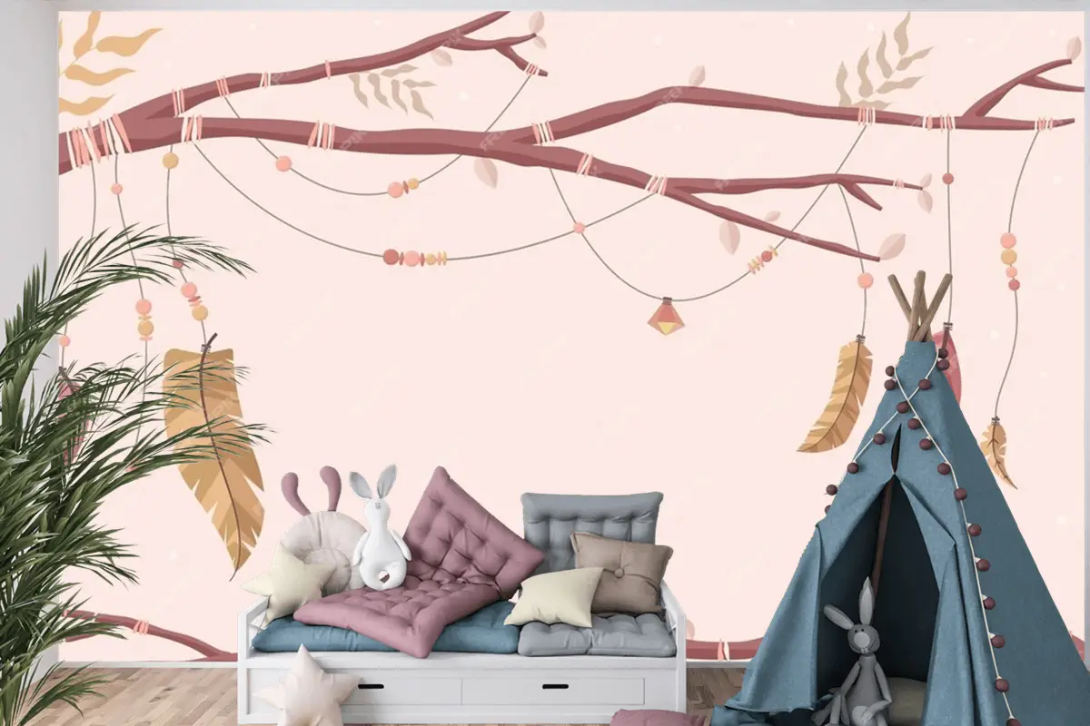Düz Tasarım Boho Arka Plan Çocuk Odası Duvar Kağıdı 