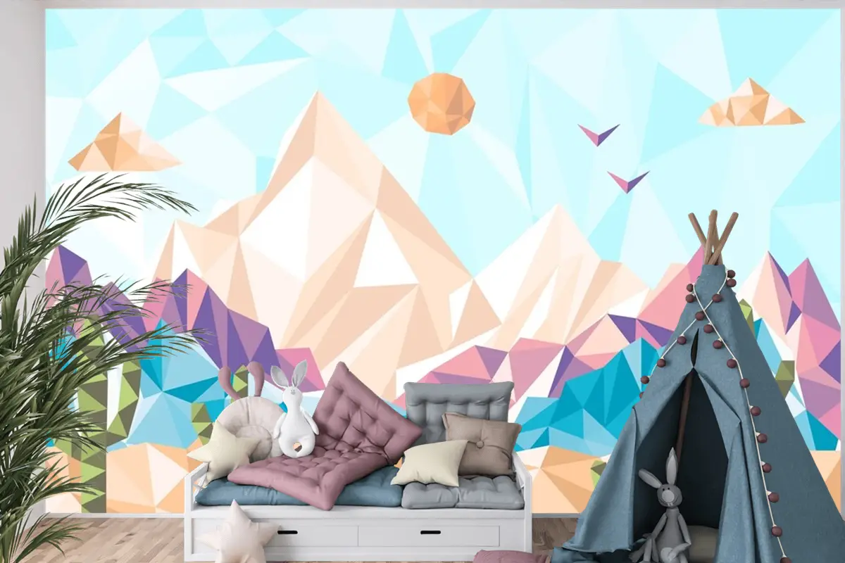 Düz Tasarım Düşük Poli Manzara Çocuk Odası Duvar Kağıdı 