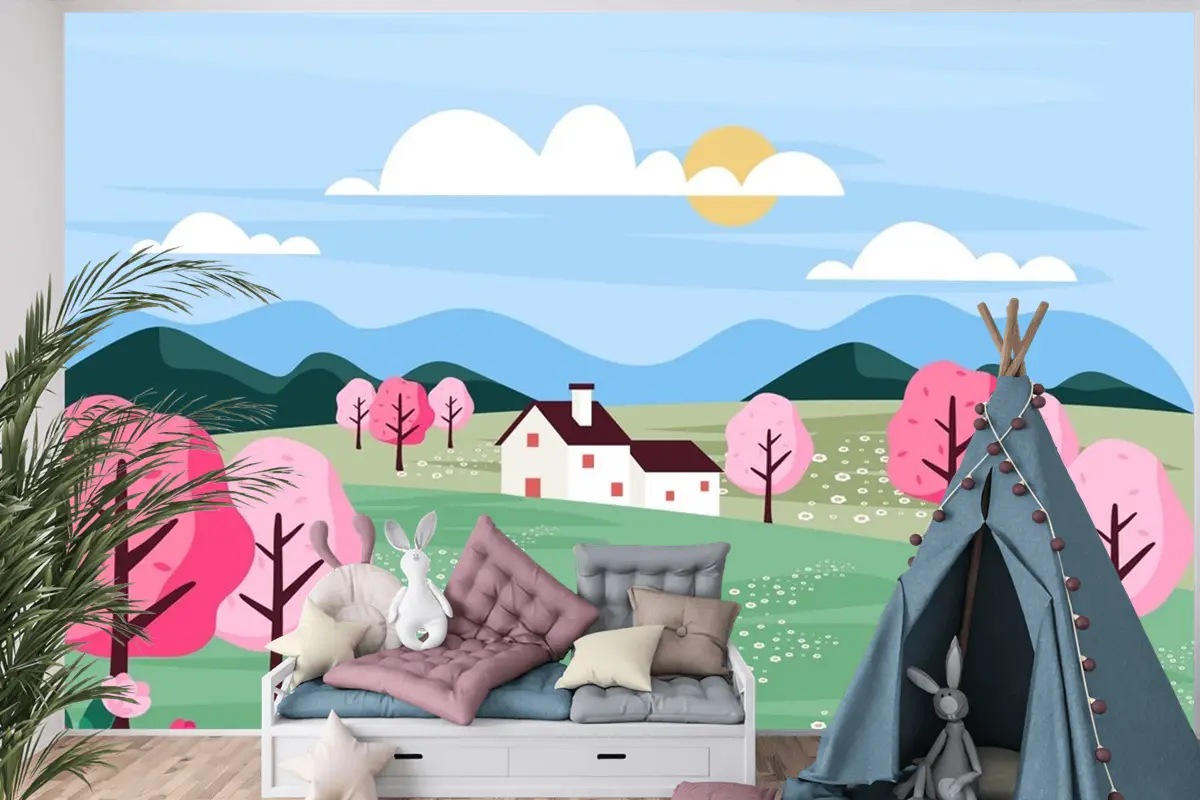 Düz Tasarım Bahar Manzara Çocuk Odası Duvar Kağıdı 