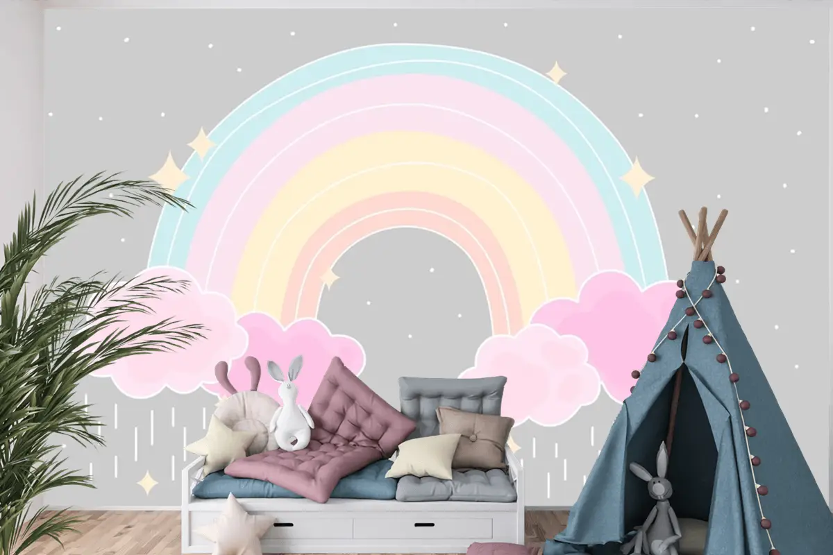 Düz Stil Renkli Gökkuşağı Çocuk Odası Duvar Kağıdı 
