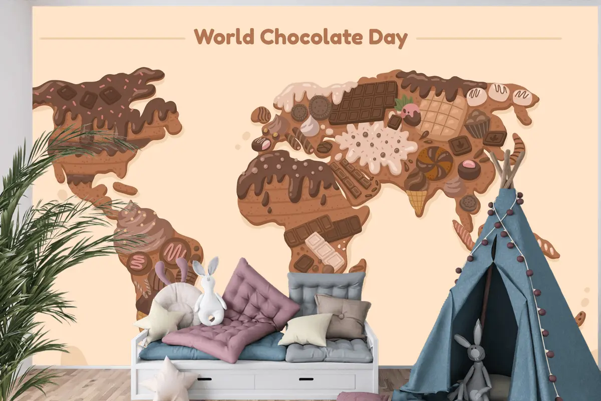 Düz Dünya Haritası Çikolata Günü Çocuk Odası Duvar Kağıdı