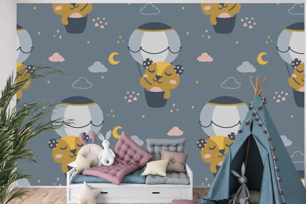 Uçan Sevimli Ayı İskandinav Desen Çocuk Odası Duvar Kağıdı
