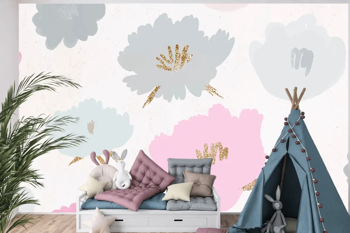 Çiçek Desenli Arka Plan Elle Çizilmiş Çocuk Odası Duvar Kağıdı 